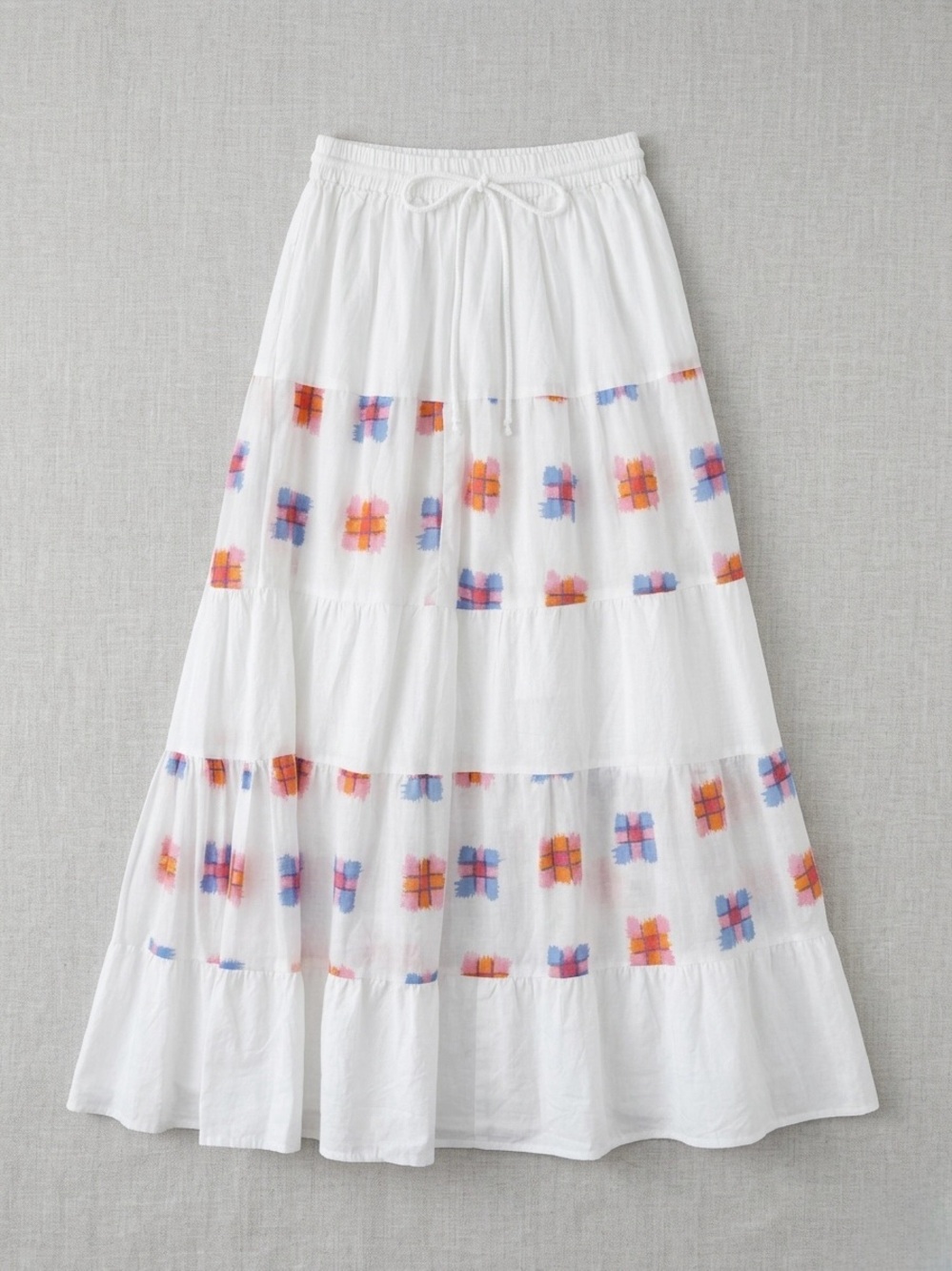 Drawstring White Tiered Midi Skirt with Colorful Grid Embroidery